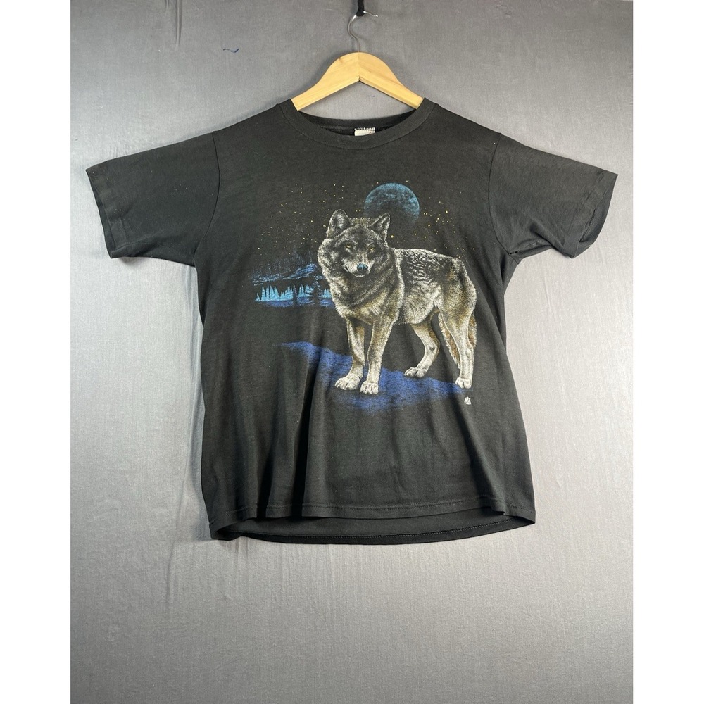 Vintage LSJ Sportswear Wolf Moon Black Medium T Shirt USA Made Black 1987 - Picture 1 of 10